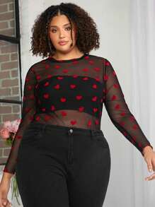 SHEIN CURVE+ Plus Size Women's Love Mesh Top/Valentine's Day - Black - View 4