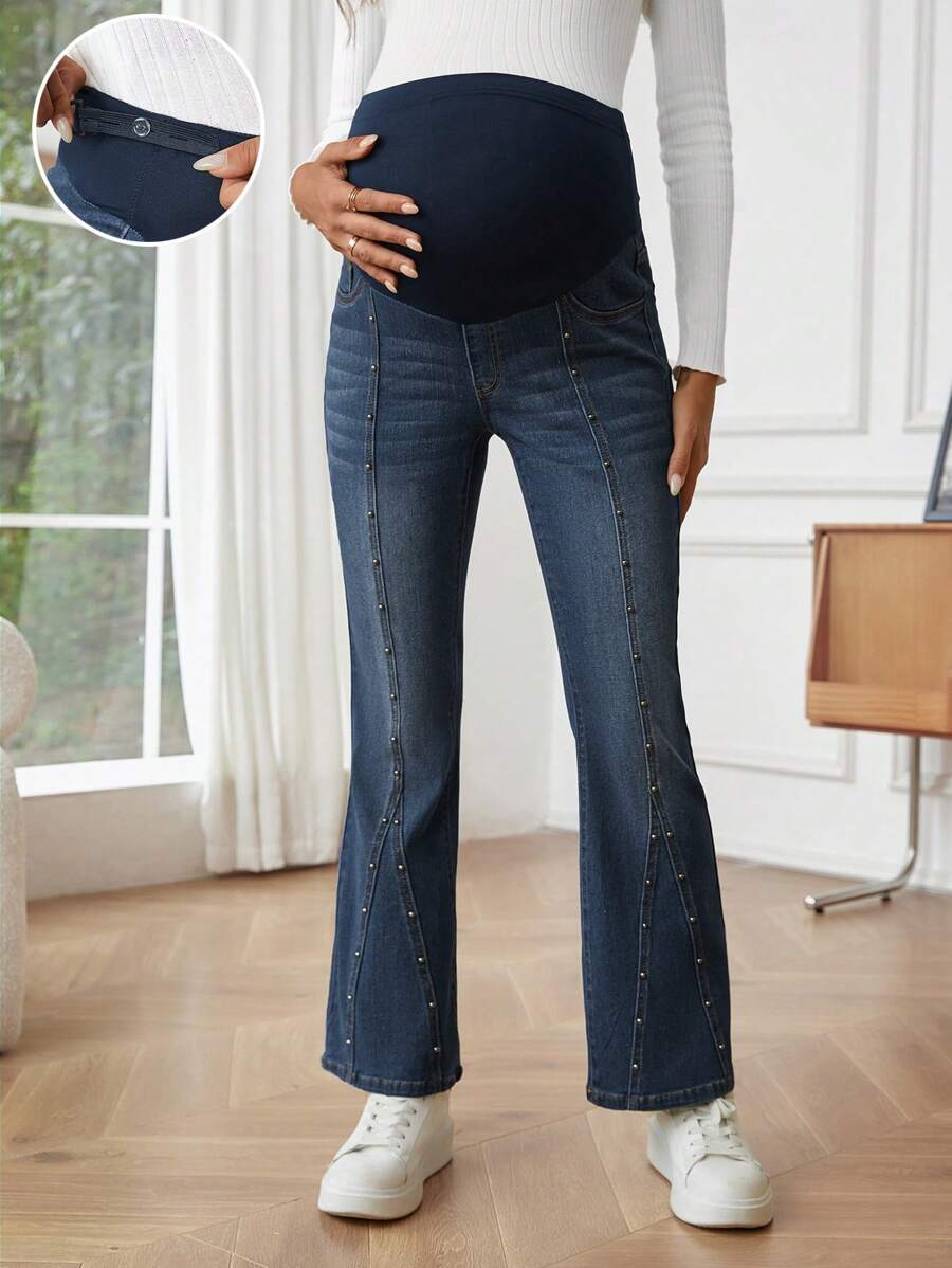 SHEIN Maternity Flare Jeans With Beaded Decoration Detail - Dark Wash - View 1