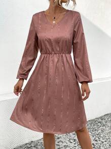 SHEIN LUNE 條紋印花燈籠袖連身裙 - 咖啡棕 - 查看 4