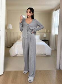 DAZY 女士荷叶边吊带背心、长裤和睡袍家居服套装，秋季睡衣，舒适保暖套装，冬季 - 灰色 - 查看 5