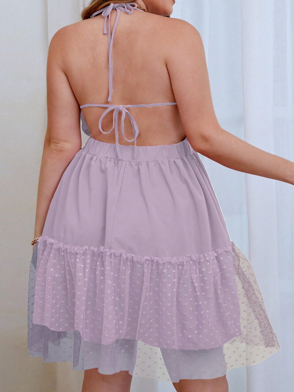 Plus Size Polka Dot Mesh Halter Neck Swing Dress With Frill Trim
