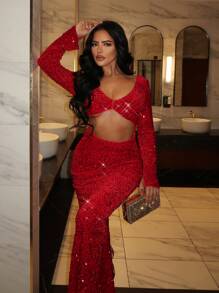 SHEIN SXY Váy sequin hở lưng màu đỏ dành cho nữ dự tiệc Giáng sinh & năm mới với đường cắt phía trước và thắt nút - Đỏ - Xem 6