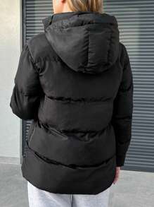 EURMUSE Zipper Front Hooded Padded Jacket - Black - View 5