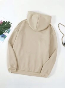 INAWLY Áo hoodie lông cừu màu trơn có túi Kangaroo và dây rút, áo dài tay - Màu be - Xem 2