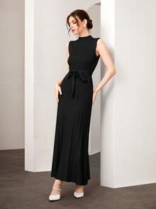 Mulvari 2pcs Solid Color Sweater Cardigan And Turtleneck Tie-waist Dress - Black - View 5