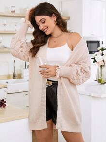Calvaya Plus Size Contrast Pointelle Knit Drop Shoulder Cardigan - Apricot - View 3