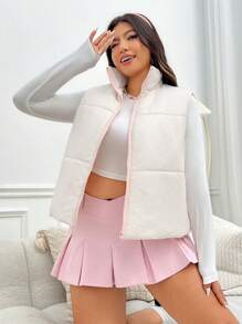 SHEIN EZwear 大碼拉鏈開襟羽絨背心大衣 - 粉色 - 查看 1