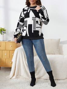 SHEIN Franclia 大码全印花宽松运动衫 - 黑色 - 查看 3