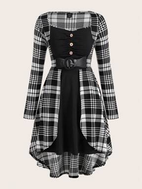 SHEIN Unity Plaid Print Button Front PU Leather Buckle Strap Detail Dress Fall Cloth For Women