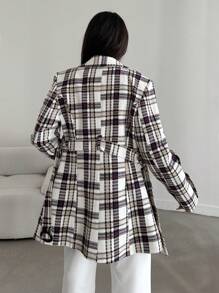 EURMUSE Plaid Print Double-breasted Flip Detail Suit Set - Violet Purple - View 2