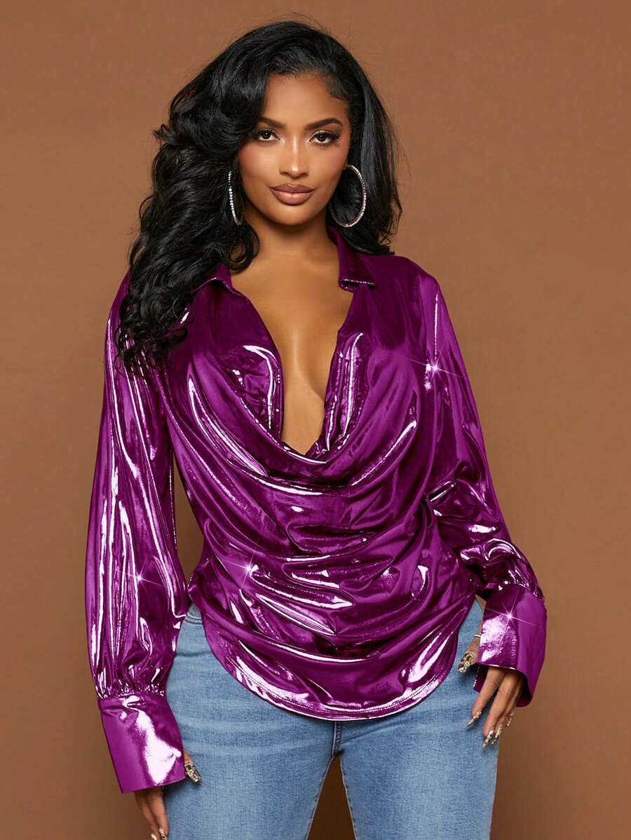 SHEIN SXY 純色連帽不對稱下擺襯衫 - 中紫紅色 - 查看 1