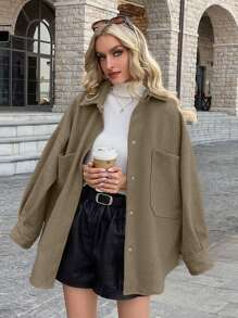 SHEIN Essnce 掉肩羊毛外套,帶口袋設計 - 灰色 - 查看 4