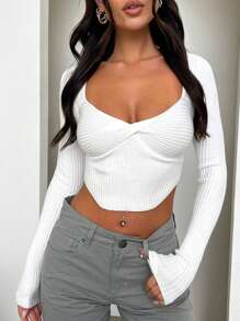 時尚圓領肋紋長袖t恤