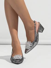 女性金屬質感蛇圖案花朵裝飾尖頭粗跟踝帶高跟單鞋適合派對&婚禮 - 黑色 - 查看 4