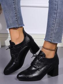 2023 Hàng Mới Của phụ nữ Pointed Toe Giữa & Dày Gót chân chất liệu da PU Vamp Làm việc Giày dép Với Lace-up Khép kín - màu đen - Xem 5
