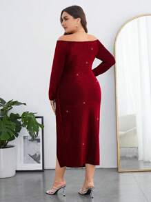 SHEIN Clasi Vestido de talla grande con hombros descubiertos y abertura