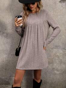 SHEIN LUNE 素色條紋針織T恤洋裝 - 卡其色 - 查看 6