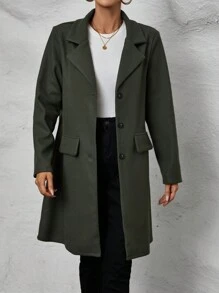 SHEIN Clasi Abrigo de mujeres con botón unicolor de lana - Verde - Ver 3