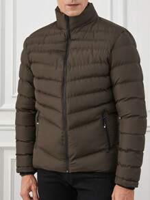 RueChic Men Zip Up Puffer Coat - Khaki - View 4
