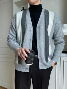 DAZY Men Color Block Drop Shoulder Cardigan Business Attire - Grey - View 8