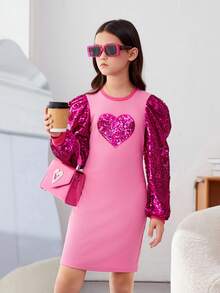 SHEIN 青少女可愛又時髦的運動風格針織對比色塊圓領長袖連衣裙，具有心形閃粉細節 - 粉色 - 查看 4
