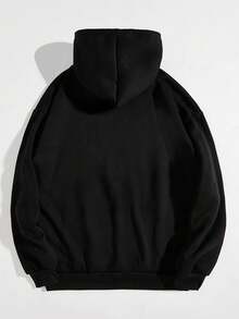 ROMWE Goth Moon & Cat Print Kangaroo Pocket Drawstring Hoodie - Black - View 2