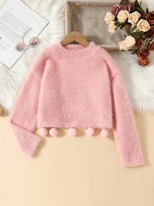 SHEIN Tween Girl Pompom Detail Drop Shoulder Fuzzy Crop Sweater - Pink - View 1