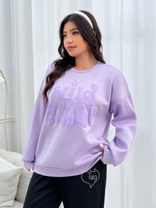 SHEIN EZwear Cute Plus Size Purple Sweatshirt With Letter Print - Mauve Purple - View 5