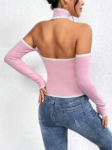 SHEIN Unity Off-shoulder Khối màu Áo len Với Cạnh cuộn Chi tiết - Hồng - Xem 2