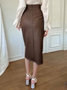 Dazy Star 高腰开叉大腿PU皮革短裙、铅笔裙秋冬 - 咖啡棕 - 查看 2