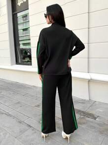 RueChic Ladies' Stripe Stand Collar Drop Shoulder Top And Pants Suit