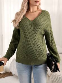 SHEIN Maternity Wrap Neck Drop Shoulder Sweater, For Winter - Army Green - View 4