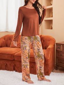 Solid Tee & Tropical Print Pants PJ Set - Multicolor - View 5