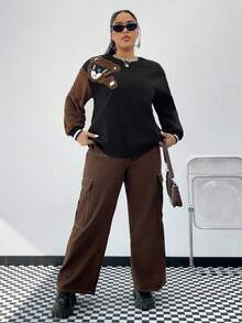 SHEIN Coolane Hơn Thêu Gấu Sọc trang trí Thả vai Áo nỉ - màu đen - Xem 3