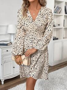 SHEIN Frenchy Women's Floral Lantern Sleeve Wrap Hem Dress Winter Casual - Multicolor - View 5