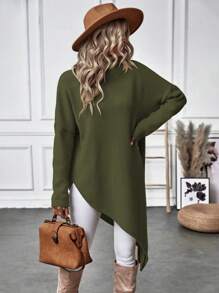 SHEIN Essnce 女士高领落肩不对称下摆毛衣 - 軍綠色 - 查看 4