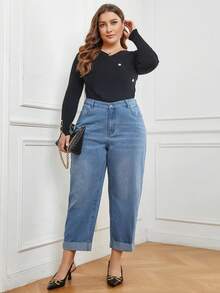 SHEIN LUNE Hơn Cuộn lên Hem Quần jean Mom Fit - Rửa trung bình - Xem 5