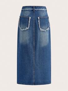 SHEIN MOD 女式磨邊開衩下擺牛仔裙 - 中等水洗藍 - 查看 1