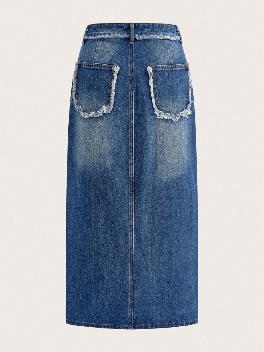 SHEIN MOD 女式磨邊開衩下擺牛仔裙 - 中等水洗藍 - 查看 1