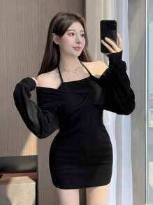 DAZY 纯色露背紧身连衣裙，秋装长袖连衣裙 - 黑色 - 查看 1