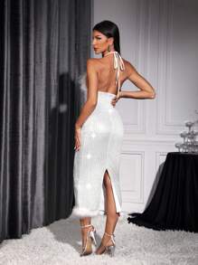 SHEIN Allurite Lá sen tỉa Lấp lánh Halter Neck Đầm - Bạc - Xem 2