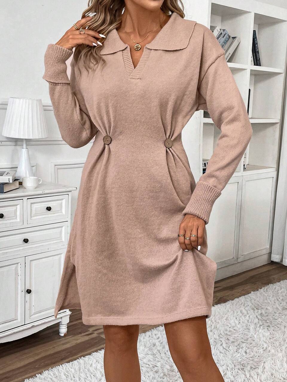 Women's Sweater Dress With Button Detail, Pleats, Slit Hem And Cinched Waist Winter Pink Casual