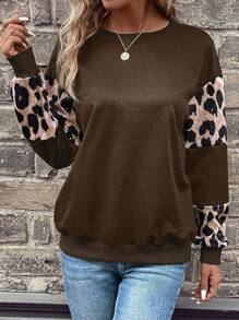 SHEIN LUNE Của phụ nữ In hoa Báo Thả vai Áo nỉ - Cà phê nâu - Xem 3