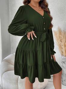 SHEIN Franclia Vestido Con Vuelo Y Dobladillo Con Volantes De Talla Grande - Verde militar - Ver 6