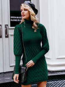 Simplee Áo cao cổ Tay áo chân cừu Đầm Áo len - Màu xanh lá cây đậm - Xem 4