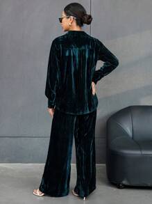 SHEIN Essnce 2入組女士鈕扣長袖衫和褲子套裝 - 墨綠色 - 查看 2