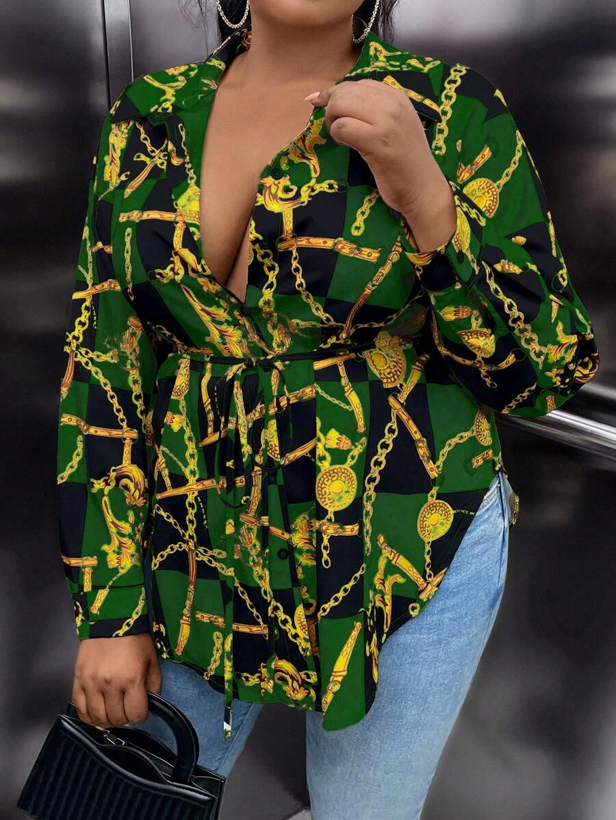 Maweii Plus Chain Print Blouse - Green - View 1