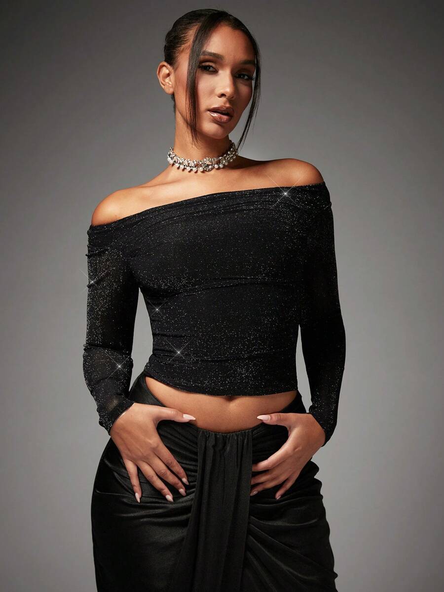 SHEIN BAE Off Shoulder Glitter Crop Top - Black - View 1