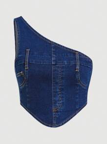 SHEIN ICON Women's Asymmetrical Neck Zipper Denim Top - Blue - View 1