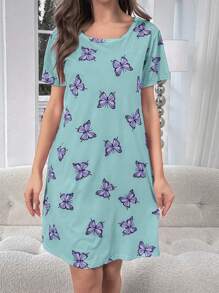 Butterfly Print Pajama Night Dress - Multicolor - View 5